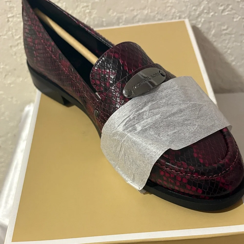 Michael Kors Wine Snake-Print Leather Loafers - Picture 2 of 6